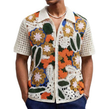 Mens Floral Crochet Short Sleeve Knit Shirt Apricot Color L