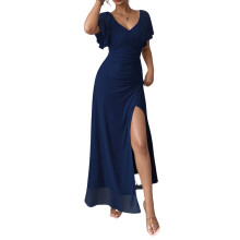 Womens V-Neck Evening Gown Maxi Dress Split Wrap Stretch Mesh Paneling Dress Elegant Casual Dress Navy XL