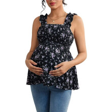 Women'S Maternity Tank Tops Floral Babydoll Top Square Neck Smocked Peplum Blouse Shirts Black S
