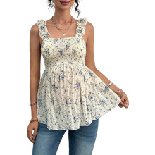 Women'S Maternity Tank Tops Floral Babydoll Top Square Neck Smocked Peplum Blouse Shirts Apricot Color XL