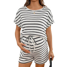 Womens Maternity 2 Piece Outfits Striped Crew Neck Short Sleeve Tee and Shorts Pregnancy Sets White M