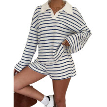 Women'S Striped Knit Collared Long Sleeve Top and Shorts Two-Piece Outfit Set XL