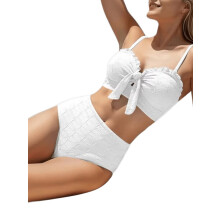 Women'S Seashell Textured Bikini Sets Knotted Front 2 Piece Swimsuits Ruffle Trim Bathing Suits White L