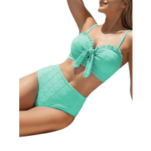 Women'S Seashell Textured Bikini Sets Knotted Front 2 Piece Swimsuits Ruffle Trim Bathing Suits Turquoise XL