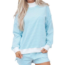 Womens Striped Mock Neck Long Sleeve Loose Fit Tops and Shorts Set Tracksuit Sweatsuit Loungewear Light M