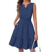 Damen Sommer Lässiges Strandkleid Ärmellos V-Ausschnitt Fließendes A-Linien Kleid mit Taschen Tiefblau L