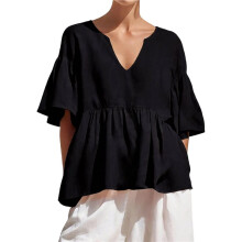 Womens Peplum Babydoll Tops Summer Short Sleeve Flowy Shirts Casual Loose Fit V Neck Cute Blouse Black S
