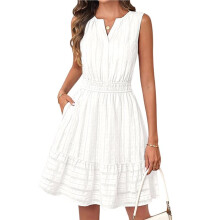 Damen Sommer Lässiges Strandkleid Ärmellos V-Ausschnitt Fließendes A-Linien Kleid mit Taschen Weiß M