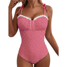Women'S Striped One-Piece Swimsuits Tie Shoulder High Cut Tummy Control Bathing Suit Swimwear Checkered M
