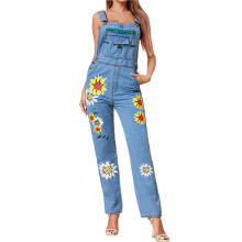 Damen-Stretchjeans mit Blumenmuster, Lange Latzhose Aus Denim, Süßer Jeans-Overall mit Trägern Hellblau XL
