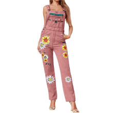 Damen-Stretchjeans mit Blumenmuster, Lange Latzhose Aus Denim, Süßer Jeans-Overall mit Trägern Rosa 4XL