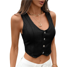 Damen-Jeansweste, Kurzes Jeans-Top, Ärmellos, V-Ausschnitt, Knopfleiste Schwarz und Grau S