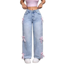 Wijde Jeans voor Tienermeisjes en Dames, Jeans met Strik, Hoge Taille, Wijde Pijpen, Losse Broek, Casual Streetwear Lichtblauw XS