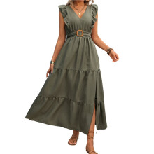 Women'S Summer Maxi Dress V-Neck Cap Sleeve Ruched Waist Cocktail Dress Wedding Guest Dresses Green M