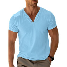 Casual T-Shirts voor Heren: Henley-Shirt met Korte Mouwen en V-Hals, Basic Mode, Zomerse Strand-T-Shirts Hemelsblauw L