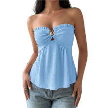 Dames Zomerblouse met Open Voorkant, Overslag, Open Rug, Slim Fit, Mouwloos, Crop Top, Elegant, Casual Blauw L