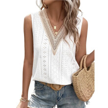Women Tank Top Eyelet Vacation Sleeveless V Neck Loose Fit Shirt Fashion Casual Clothes White S