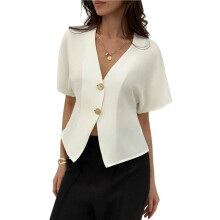 Damesblouses met Korte Mouwen en Knoopsluiting, Nette Casual V-Hals, Zakelijke Casual Werkblouses Wit M