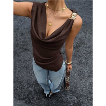 Women'S Draped Cowl Neck Ruched Sleeveless Tank Top Going Out Tops Elegant Outfit Brown M