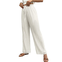 Womens Spliced Lace Trim Drawstring Casual Loose Fit Straight Leg Long Pants Comfortable Wear White S