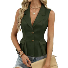 Ärmellose Damen-Blazerweste mit V-Ausschnitt, Knopfleiste, Schmal Geschnitten, Business-Casual-Weste Armeegrün XXL