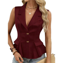 Women'S Sleeveless Blazer Vest V Neck Button Down Waistcoat Slim Fit Business Casual Vest Wine Red L