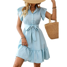 Womens Summer Elegant Polka Dot Print Ruffle Sleeve A Tie Waist Midi Dress Casual Chic Wear XS