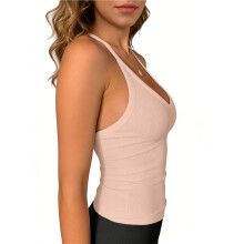 Sporttops für Damen: Racerback-Top, Basic-Tanktop, Sommer-Camisole, V-Ausschnitt, Schmale Passform, Gerippt, Ärmellos Cremeweiß S