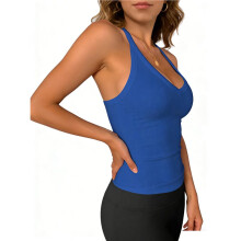 Sporttops für Damen: Racerback-Top, Basic-Tanktop, Sommer-Camisole, V-Ausschnitt, Schmale Passform, Gerippt, Ärmellos Blau M
