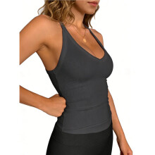Sporttops für Damen: Racerback-Top, Basic-Tanktop, Sommer-Camisole, V-Ausschnitt, Schmale Passform, Gerippt, Ärmellos Grau L