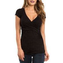 Women Short Sleeve Criss V Neck Maternity Breastfeeding T Shirt Stretchy Postpartum Shirt Black M