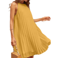 Women'S Cute Halter Neck Sleeveless Dress Solid Color Flowy Pleated Beach Dress Sundress Yellow S