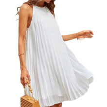 Women'S Cute Halter Neck Sleeveless Dress Solid Color Flowy Pleated Beach Dress Sundress White L