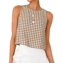Women'S Gingham Top Summer CropTank Tops Button Back Casual Sleeveless Shirts Blouses Resort Wear Khaki L