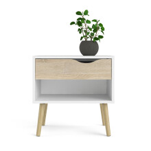 Bedside table with 1 drawer and 1 niche, white and oak finish, 50.2 cm wide - BILLUND