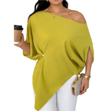 Women'S Off the Shoulder Asymmetrical Tops Dressy Dolman Sleeve Ruched Going Out Blouse Matcha Green L