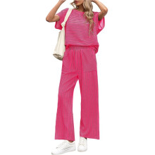 Zweiteiliges Gestreiftes Damen-Set: Kurzarm-T-Shirt, Weite Hose, Passendes Loungewear-Set mit Taschen Leuchtendes Rosa XL
