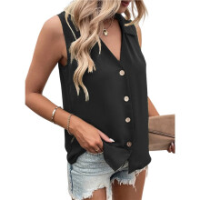 Women'S Cotton Sleeveless Button-Down Shirt for Work, Leisure, and Travel Black XXXL