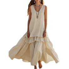 Vestido Longo Feminino com Decote em V, Silhueta em Camadas e Modelagem Fluida Sem Mangas Branco Creme M