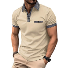 Camisa Masculina de Golfe de Manga Curta, com Botões, Corte Slim e Bolso Bege XXXL
