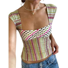 Regata Feminina Y2K Sem Costas, Estilo Vintage Patchwork, Cropped, para o Verão, Balada, Retrô Y2K Listras L