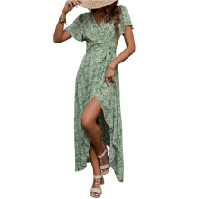 Vestido Longo Feminino de Verão com Mangas Curtas e Esvoaçantes, Decote em V e Babados, Modelo Envelope, Ideal para Convidadas de Casamento Verde M