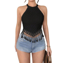 Blusa Feminina Elegante, Cropped Sem Mangas com Franjas, Modelagem Justa e Favorecedora, Ideal para Uso Casual Quadrado Preto XL