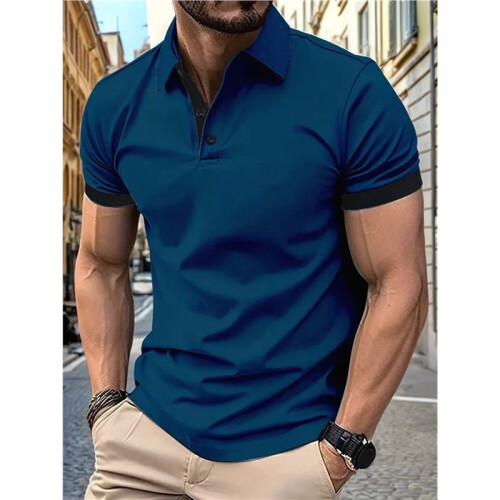 Camisas Masculinas de Golfe com Modelagem Regular e Tecido Elástico Azul Jeans 5XL 2