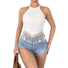 Blusa Feminina Elegante, Cropped Sem Mangas com Franjas, Modelagem Justa e Favorecedora, Ideal para Uso Casual Quadrado Branco M