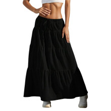 Saia Maxi Feminina Boho Fluida com Babados e Cintura Elástica para o Verão e Primavera Preto XL