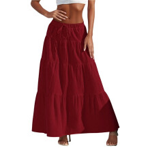 Saia Maxi Feminina Boho Fluida com Babados e Cintura Elástica para o Verão e Primavera Vinho Tinto XL