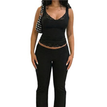 Blusa Feminina Y2K de Renda Sem Mangas, com Decote em V, Alças Finas e Transparência Preto S
