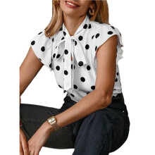 Blusa Feminina de Bolinhas com Laço no Pescoço e Babados Nas Mangas Curtas, Ideal para Ocasiões Formais e Informais. Branco S