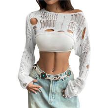 Top Cropped Feminino de Crochê com Detalhes Vazados em Renda, Estilo Fashion. Branco L